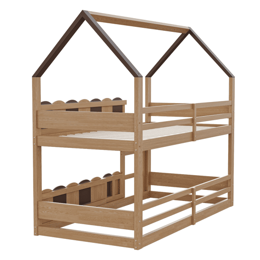 Litera infantil 90x200 cm - Diseño en forma de casa con barandillas altas - Color madera