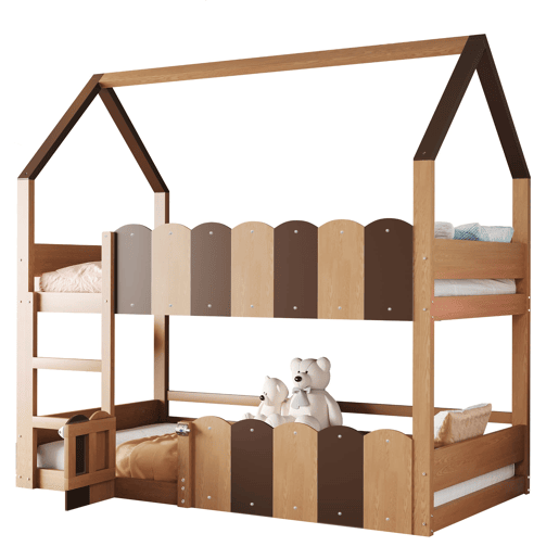Litera infantil 90x200 cm - Diseño en forma de casa con barandillas altas - Color madera