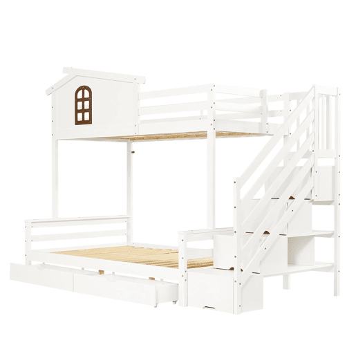 Beliche com duas gavetas - 90x200 cm e 120x200 cm - Janelas decorativas, armário de canto - Branco+Natural