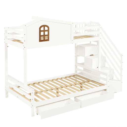 Beliche com duas gavetas - 90x200 cm e 120x200 cm - Janelas decorativas, armário de canto - Branco+Natural