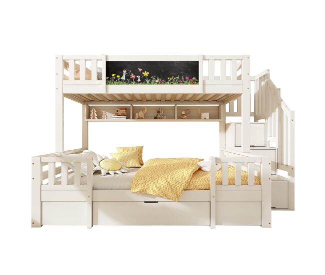 Cama litera triple 90x200 & 140x200 - madera maciza, pizarra, escalera con almacenamiento, 2 cajones - blanco