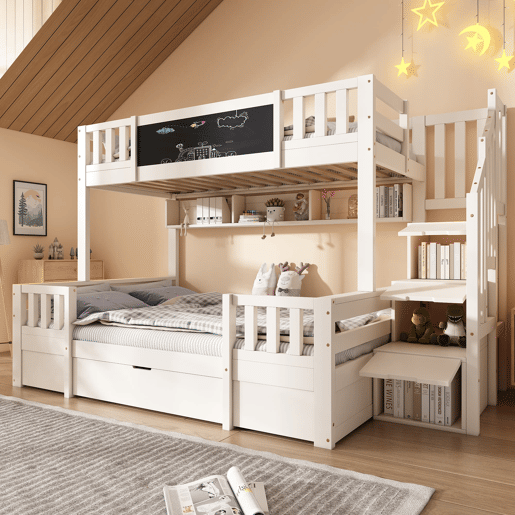 Beliche triplo 90x200 e 140x200 - Madeira maciça, ardósia, escada com arrumação, 2 gavetas - Branco