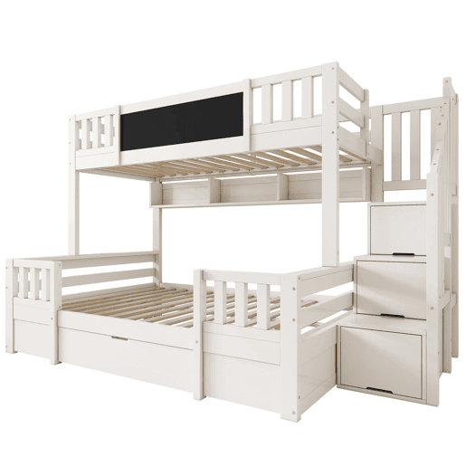 Beliche triplo 90x200 e 140x200 - Madeira maciça, ardósia, escada com arrumação, 2 gavetas - Branco