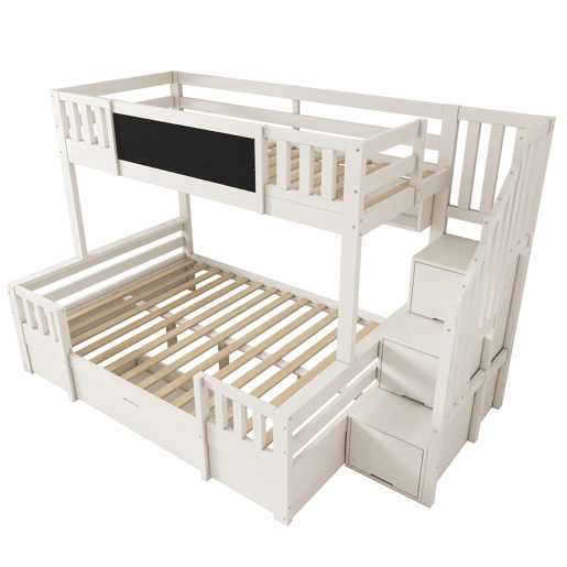 Beliche triplo 90x200 e 140x200 - Madeira maciça, ardósia, escada com arrumação, 2 gavetas - Branco