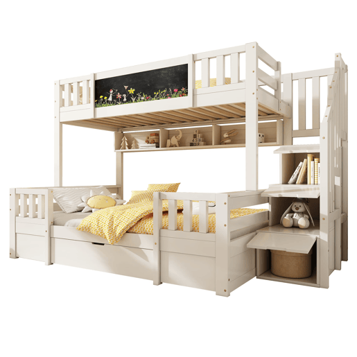 Beliche triplo 90x200 e 140x200 - Madeira maciça, ardósia, escada com arrumação, 2 gavetas - Branco