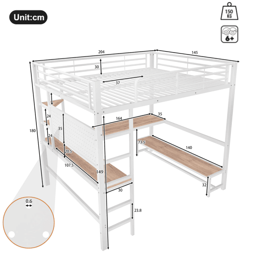 Cama loft 140x200 cm - Secretária, Frigorífico, Escada, USB + Tipo C, LED, Branco