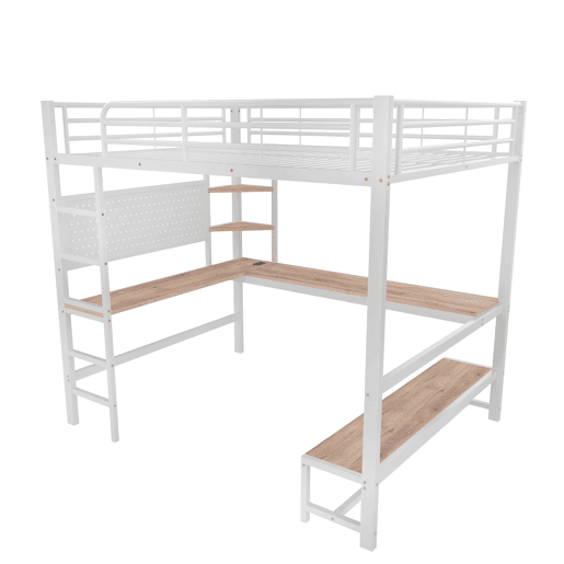 Cama loft 140x200 cm - Secretária, Frigorífico, Escada, USB + Tipo C, LED, Branco