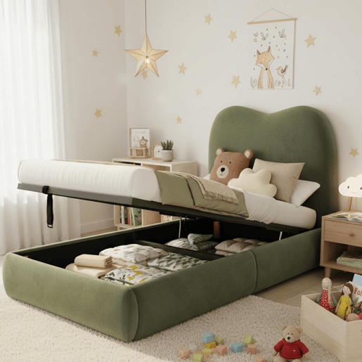 Cama com armazenamento,cama de criança,cama de solteiro de veludo 90x200 cm,verde