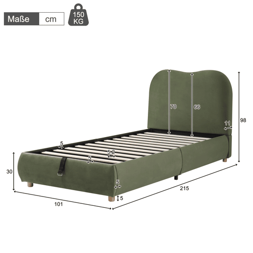 Cama com armazenamento,cama de criança,cama de solteiro de veludo 90x200 cm,verde