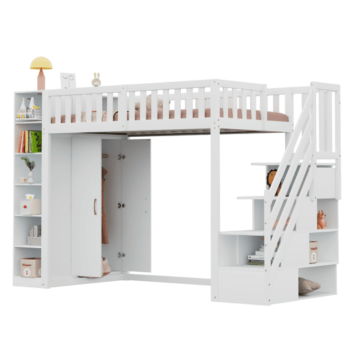 Cama alta multifuncional 90x200 cm - com prateleiras, armário de arrumação e armário grande - branca