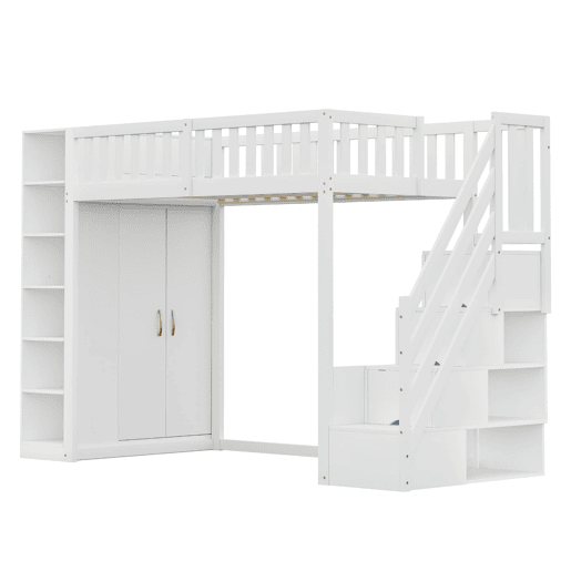 Cama alta multifuncional 90x200 cm - com prateleiras, armário de arrumação e armário grande - branca