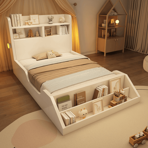 Cama individual 90x200 cm - Juvenil com prateleiras, luz noturna, estante removível, estrado incluído - Branco
