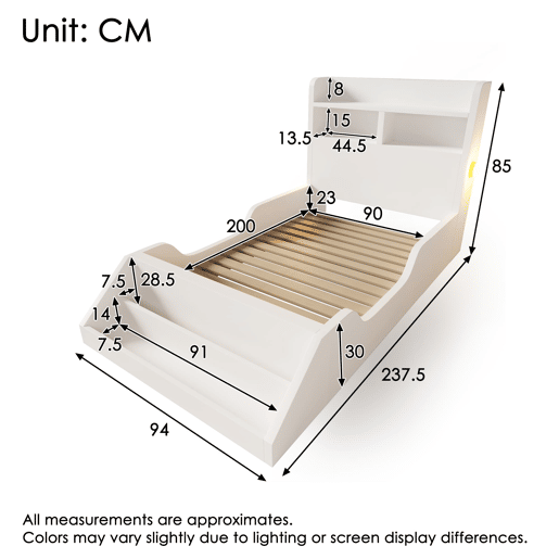Cama individual 90x200 cm - Juvenil com prateleiras, luz noturna, estante removível, estrado incluído - Branco