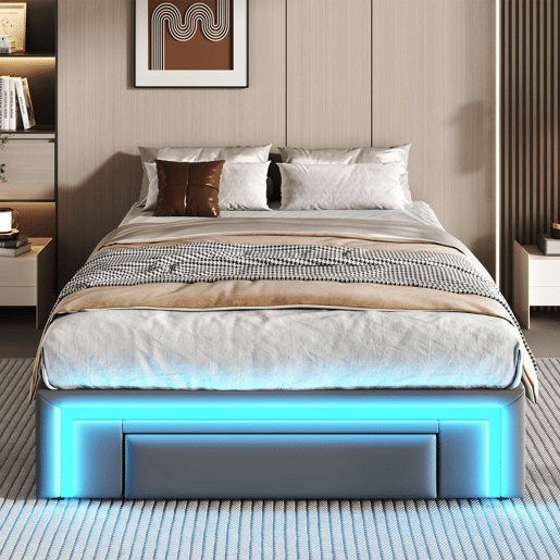 Estrutura de cama 90x200 - Com gavetas, sem cabeceira, com luzes LED, base de metal - Cinza