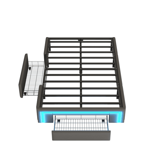 Estrutura de cama 90x200 - Com gavetas, sem cabeceira, com luzes LED, base de metal - Cinza