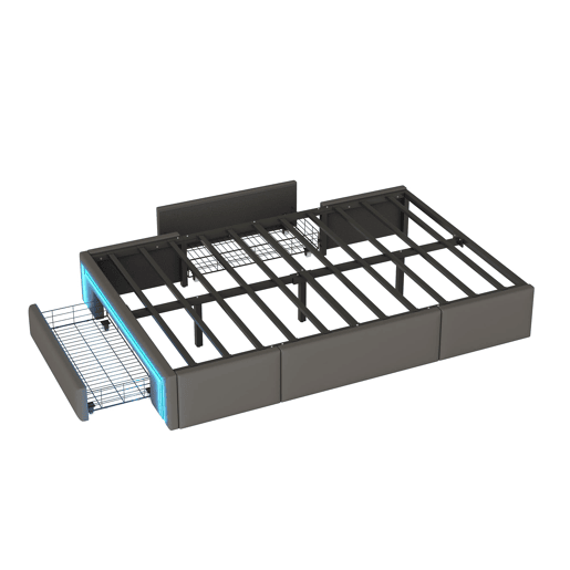 Estrutura de cama 90x200 - Com gavetas, sem cabeceira, com luzes LED, base de metal - Cinza