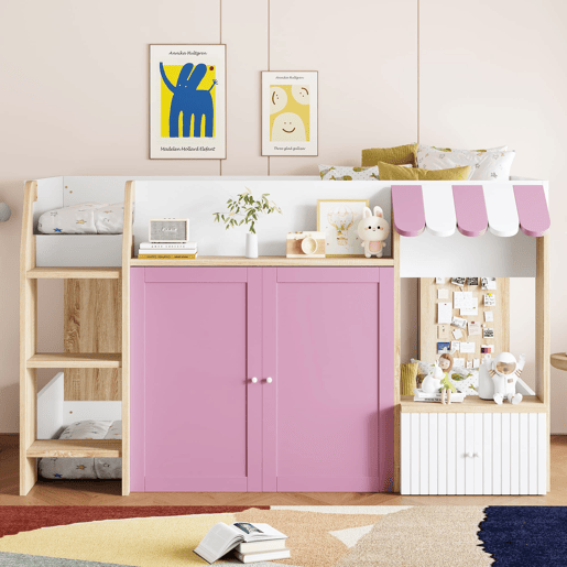 Cama infantil 90x200 - Com espaço de arrumação, escada, cama alta em madeira maciça - Branco+Rosa+Cor da madeira Cama infantil 90x200 - Com espaço de arrumação, escada, cama alta em madeira maciça - Branco+Rosa+Cor da madeira