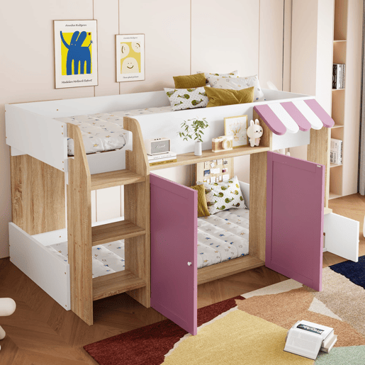 Cama infantil 90x200 - Com espaço de arrumação, escada, cama alta em madeira maciça - Branco+Rosa+Cor da madeira Cama infantil 90x200 - Com espaço de arrumação, escada, cama alta em madeira maciça - Branco+Rosa+Cor da madeira