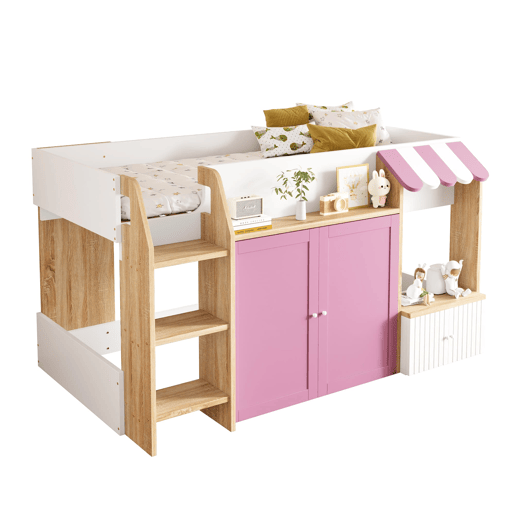 Cama infantil 90x200 - Com espaço de arrumação, escada, cama alta em madeira maciça - Branco+Rosa+Cor da madeira Cama infantil 90x200 - Com espaço de arrumação, escada, cama alta em madeira maciça - Branco+Rosa+Cor da madeira