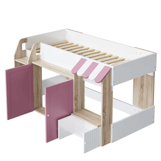 Cama infantil 90x200 - Com espaço de arrumação, escada, cama alta em madeira maciça - Branco+Rosa+Cor da madeira Cama infantil 90x200 - Com espaço de arrumação, escada, cama alta em madeira maciça - Branco+Rosa+Cor da madeira