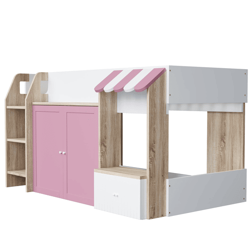 Cama infantil 90x200 - Com espaço de arrumação, escada, cama alta em madeira maciça - Branco+Rosa+Cor da madeira Cama infantil 90x200 - Com espaço de arrumação, escada, cama alta em madeira maciça - Branco+Rosa+Cor da madeira
