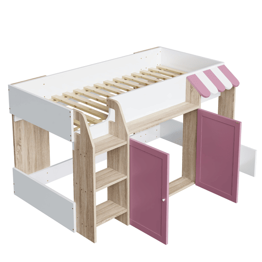 Cama infantil 90x200 - Com espaço de arrumação, escada, cama alta em madeira maciça - Branco+Rosa+Cor da madeira Cama infantil 90x200 - Com espaço de arrumação, escada, cama alta em madeira maciça - Branco+Rosa+Cor da madeira