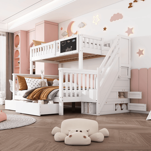 Cama beliche infantil 90x200+140x200 - multifuncional com mesa e gavetas - branca