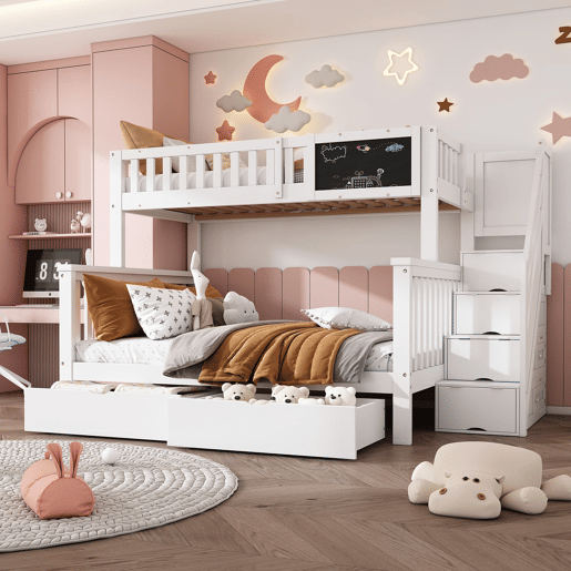 Cama beliche infantil 90x200+140x200 - multifuncional com mesa e gavetas - branca