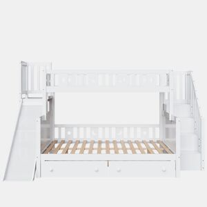 Cama infantil 90x200140x200 cm - Beliche em madeira maciça com escorregador, prateleira, 2 gavetas, branco