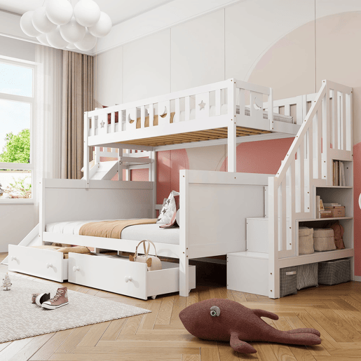 Cama infantil 90x200140x200 cm - Beliche em madeira maciça com escorregador, prateleira, 2 gavetas, branco
