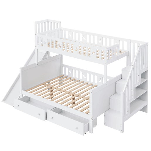 Cama infantil 90x200140x200 cm - Beliche em madeira maciça com escorregador, prateleira, 2 gavetas, branco