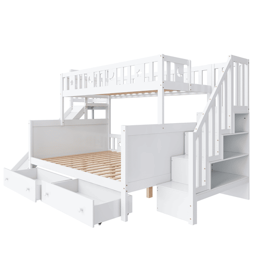 Cama infantil 90x200140x200 cm - Beliche em madeira maciça com escorregador, prateleira, 2 gavetas, branco