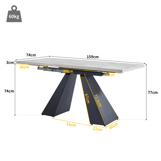 Mesa de jantar extensível 99-159x74 cm - Mesa compacta com design flexível - Cinza