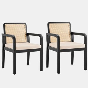 Cadeira de jantar em veludo (2 peças) - Ergonómica, encosto em rattan, pernas em madeira de borracha - Preto