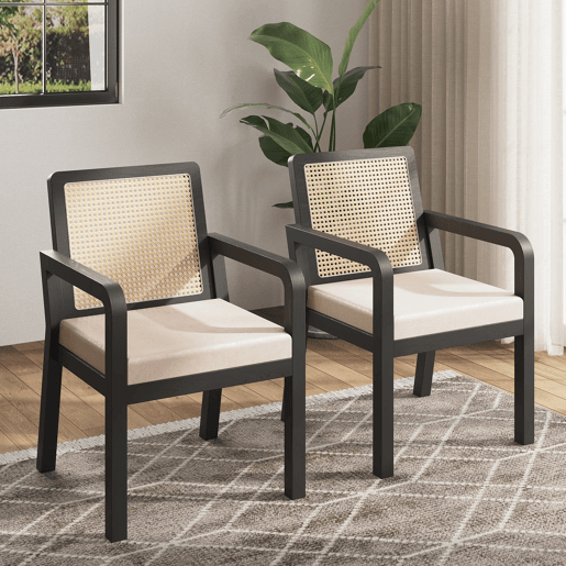 Cadeira de jantar em veludo (2 peças) - Ergonómica, encosto em rattan, pernas em madeira de borracha - Preto