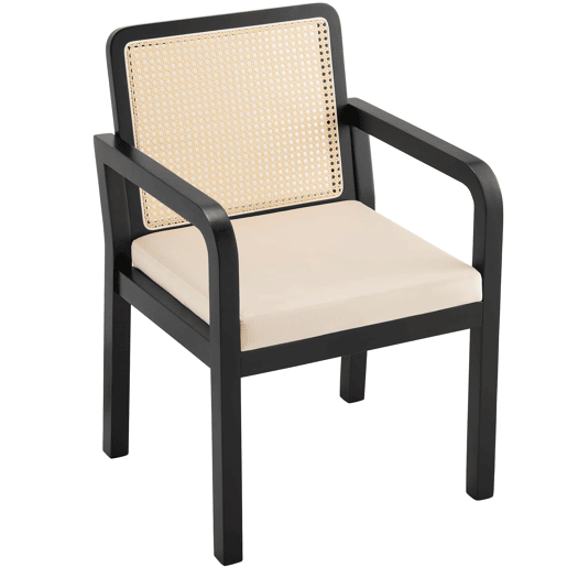 Cadeira de jantar em veludo (2 peças) - Ergonómica, encosto em rattan, pernas em madeira de borracha - Preto