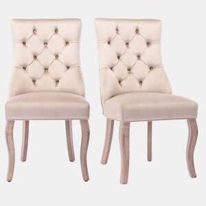 Cadeira de jantar com 4 pernas + Conjunto de 2 - Estofada em veludo bege, encosto alto, com capitoné - Bege