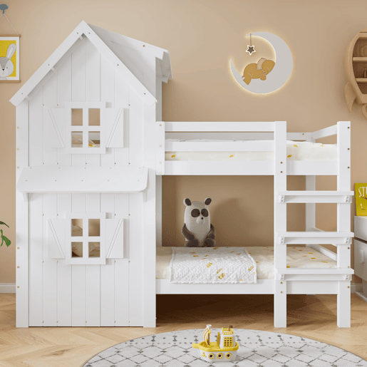 Beliche 90x200 cm - Janelas decorativas, grades laterais, escada com 3 degraus - Branco Beliche 90x200 cm - Janelas decorativas, grades laterais, escada com 3 degraus - Branco