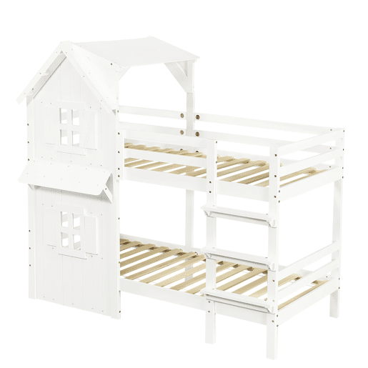 Beliche 90x200 cm - Janelas decorativas, grades laterais, escada com 3 degraus - Branco Beliche 90x200 cm - Janelas decorativas, grades laterais, escada com 3 degraus - Branco