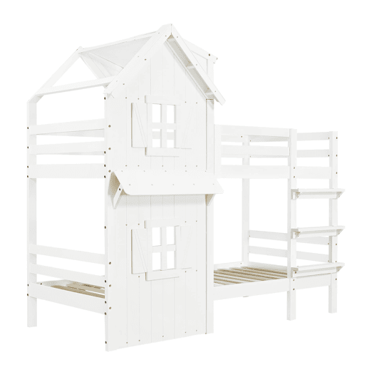 Beliche 90x200 cm - Janelas decorativas, grades laterais, escada com 3 degraus - Branco Beliche 90x200 cm - Janelas decorativas, grades laterais, escada com 3 degraus - Branco