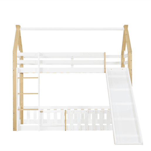 Beliche 90x200cm - Teto requintado, escorregador divertido, espaço livre com corrimão - Branco + Natural