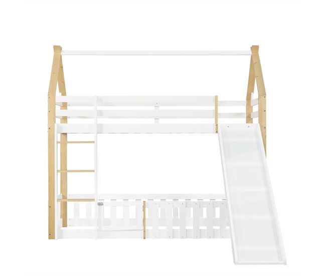 Cama litera 90x200cm - techo exquisito, tobogán divertido, espacio libre con barandilla - blanco + natural