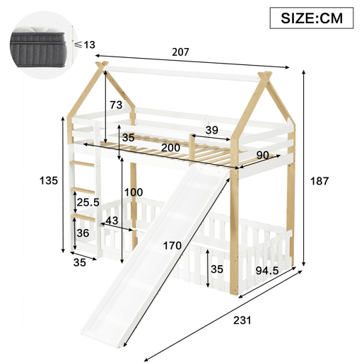 Beliche 90x200cm - Teto requintado, escorregador divertido, espaço livre com corrimão - Branco + Natural