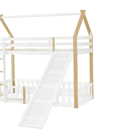 Beliche 90x200cm - Teto requintado, escorregador divertido, espaço livre com corrimão - Branco + Natural
