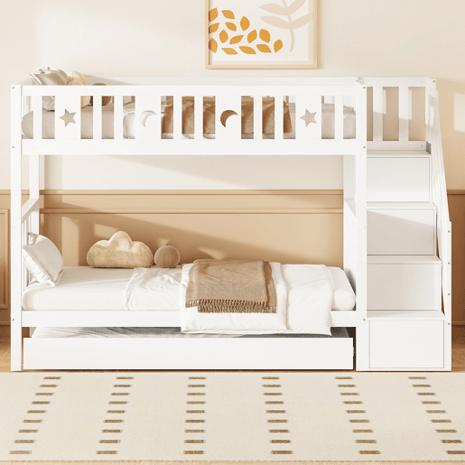 Cama beliche infantil 90x200 cm - Cama extraível, escada de segurança, branca Cama beliche infantil 90x200 cm - Cama extraível, escada de segurança, branca