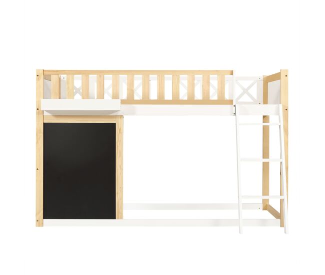 Cama loft 90x200cm - con pizarra para pintar, con caja de almacenamiento, barandilla de seguridad, blanco + natural