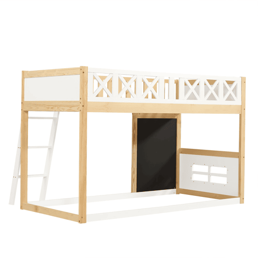 Cama loft 90x200cm - Com quadro para pintar, caixa de arrumação, grade de segurança, branco + natural