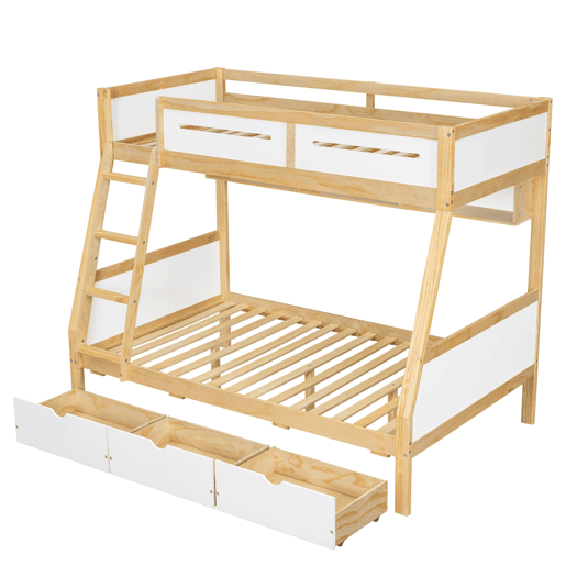 Cama alta 90x200cm120x200cm - Três gavetas com rodas, prateleira para livros, segurança total, escada - Branco+Natural
