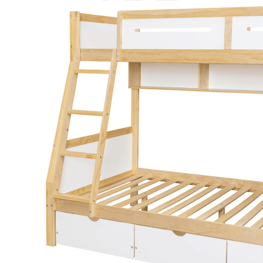 Cama alta 90x200cm120x200cm - Três gavetas com rodas, prateleira para livros, segurança total, escada - Branco+Natural
