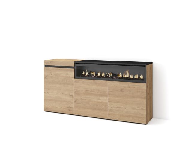 Aparadores para salón | gran capacidad de almacenaje | 150x75x35cm | 3 puertas | chimenea eléctrica | estilo moderno | roble y negro